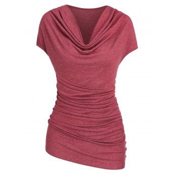 

Casual T Shirt Draped Solid Color T Shirt Ruched Cowl Neck Trendy Summer Tee, Deep red