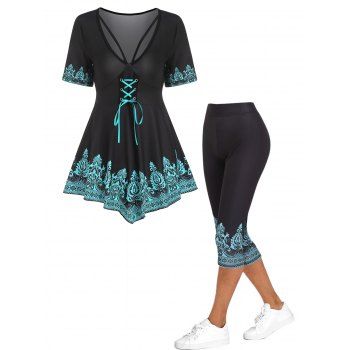 Contrast Tribal Flower Print Lace Up Curved Hem T Shirt And Printed Capri Leggings Ethnic Outfit