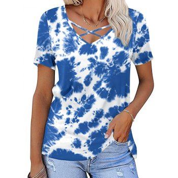 

Tie Dye Print T Shirt Crisscross Short Sleeve Casual Tee, Blue
