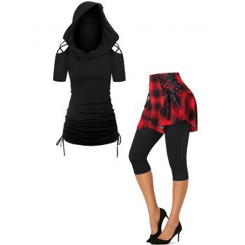 

Gothic Hooded Crisscross Cinched Plain Color Short Sleeve T Shirt And Plaid Lace Up Cropped Skirted Leggings Outfit, Black