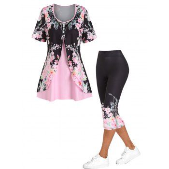 

Flower Print Mock Button Overlap Faux Twinset T Shirt And Floral Leaf Print Skinny Capri Leggings Outfit, Light pink