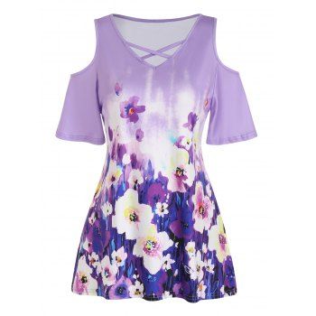 

Floral T Shirt Cold Shoulder T Shirt Crisscross Cut Out Casual Tee, Purple