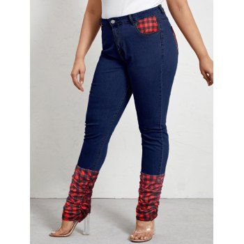 

Plaid Print Insert Jeans Ruched Zipper Fly Pockets Dark Wash Casual Denim Pants, Blue