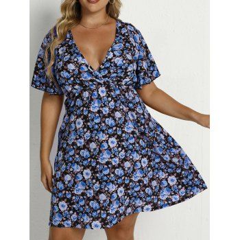 

Plus Size & Curve Dress Floral Dress Surplice Plunge Vacation A Line Mini Dress, Blue