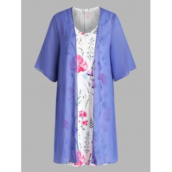 

Leaf Floral Print A Line Midi Tank Dress And Chiffon Solid Color Top Casual Two Piece Set, Blue