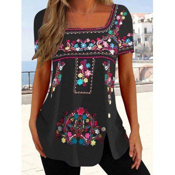 

Ethnic T Shirt Flower Printed Slit Mock Button Square Neck Casual Tee, Black