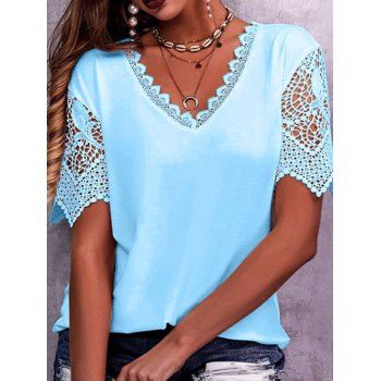 

Solid Color T Shirt Hollow Out Lace Panel Scalloped V Neck Summer Casual Tee, Light blue