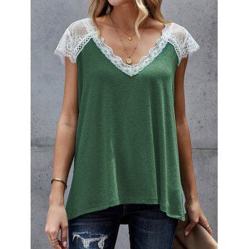 

See Thru Flower Lace Panel T Shirt Cap Sleeve V Neck Heathered Tee, Deep green
