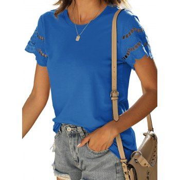 

Hollow Out Embroidery Short Sleeve Casual T-shirt, Blue