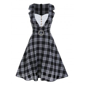 

Vintage Dress Plaid Print Dress Notched Rhinestone O Ring Ruched Mock Button A Line Mini Dress, Black