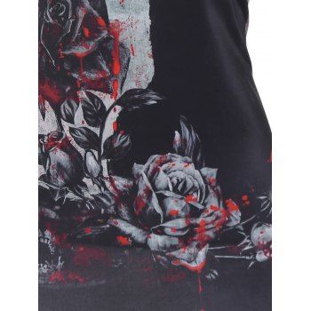 Gothic T Shirt Cat Blood Rose Print O Ring Cut Out Long Sleeve Casual Halloween Tee