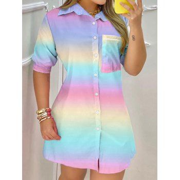 

Rainbow Shirt Ombre Button Up Shirt Front Pocket Turn Down Collar Longline Shirt, Multicolor