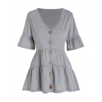 

Heather T Shirt Mock Button Flare Sleeve Skirted T Shirt Summer Casual Tee, Light gray