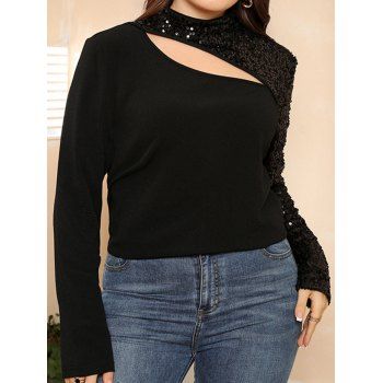 

Plus Size T Shirt Sequined Cut Out Long Sleeve T Shirt Cut Out Casual Tee, Black