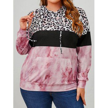 

Plus Size Hoodie Leopard Print Tie Dye Pockets Colorblock Long Sleeve Casual Sweatshirt, Multicolor