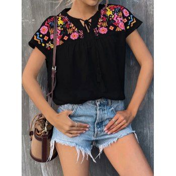 Colorful Flower Geometric Embriodery Blouse Tassel Knot Cap Sleeve Blouse