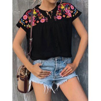 

Colorful Flower Geometric Embriodery Blouse Tassel Knot Cap Sleeve Blouse, Black