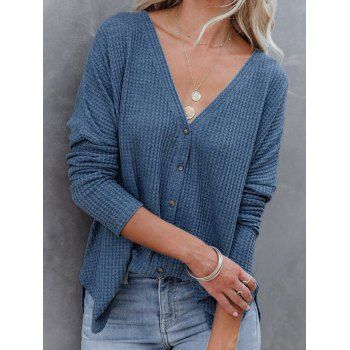 

Plain Color Textured Knit Top Drop Shoulder Long Sleeve V Neck Button Up Knitted Top, Blue