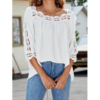 

Lace Insert Blouse Hollow Out Scalloped Three Quater Sleeve Solid Color Blouse, White
