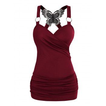 Women Gothic Tank Top Ruched Butterfly Lace Cross Tank Top O Ring Surplice Summer Top Clothing S Deep red