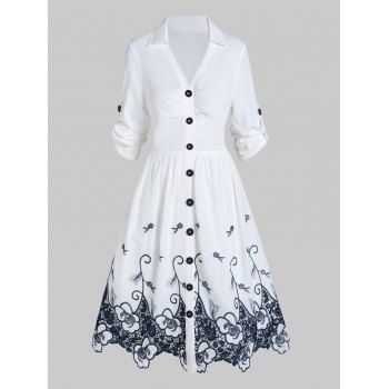 

Contrast Flower Embroidery Shirt Dress Button Up Casual A Line Dress Ruched Bust Long Sleeve Dress, White