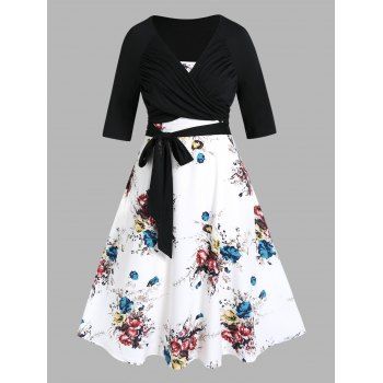 Plus Size & Curve Dress Floral Dress High Waisted A Line Midi Dress And Crossover Tied Top Two Piece Set