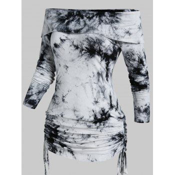 

Tie Dye Print Off The Shoulder T Shirt Foldover Ruched Cinched T-shirt Long Sleeve Tee, Black