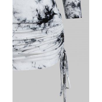 Tie Dye Print Off The Shoulder T Shirt Foldover Ruched Cinched T-shirt Long Sleeve Tee