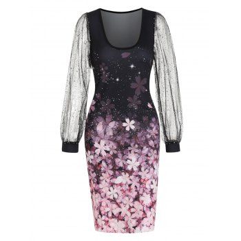 

Floral Dress Glitter Mesh Long Sleeve A Line Dress Fresh Style Mini Dress, Black