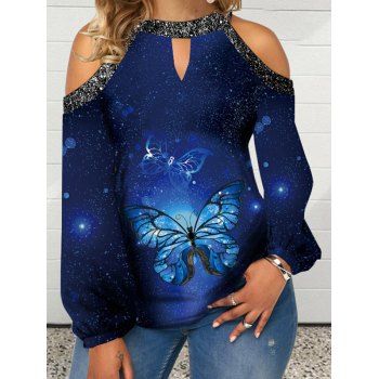 

Cold Shoulder T Shirt Butterfly Galaxy Printed Long Sleeve T Shirt Keyhole Casual Tee, Blue