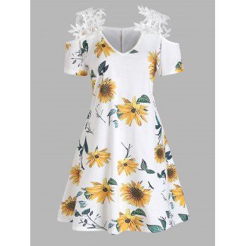

Cold Shoulder Dress A Line Dress Sunflower Print Guipure Flower Lace Midi Dress, White