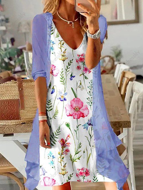 Leaf Floral Print A Line Midi Tank Dress And Chiffon Solid Color Top Casual Two Piece Set 