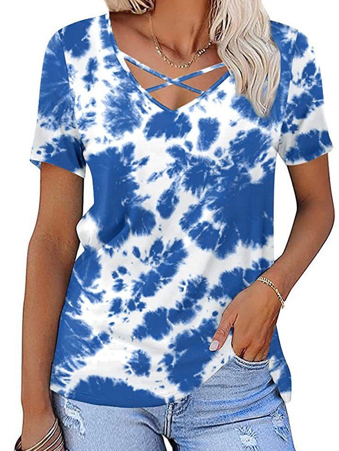 T-shirt Décontracté Teinté Imprimé Croisé à Manches Courtes - Bleu XL
