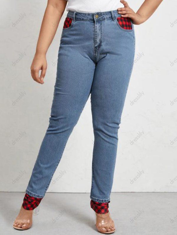 Long Jeans Plaid Print Insert Pockets Zipper Fly High Waisted Casual Denim Pants 