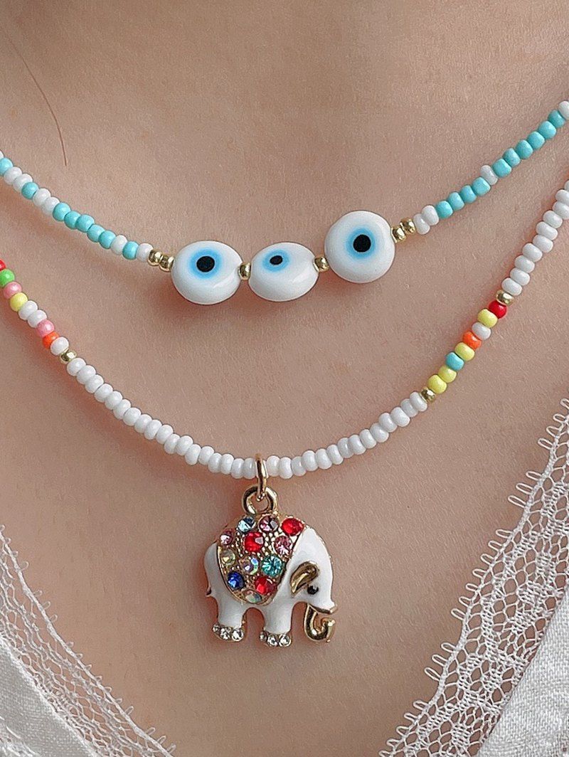 2 Pcs Beach Necklaces Beaded Eye Rhinestone Elephant Bohemian Necklaces - multicolor 