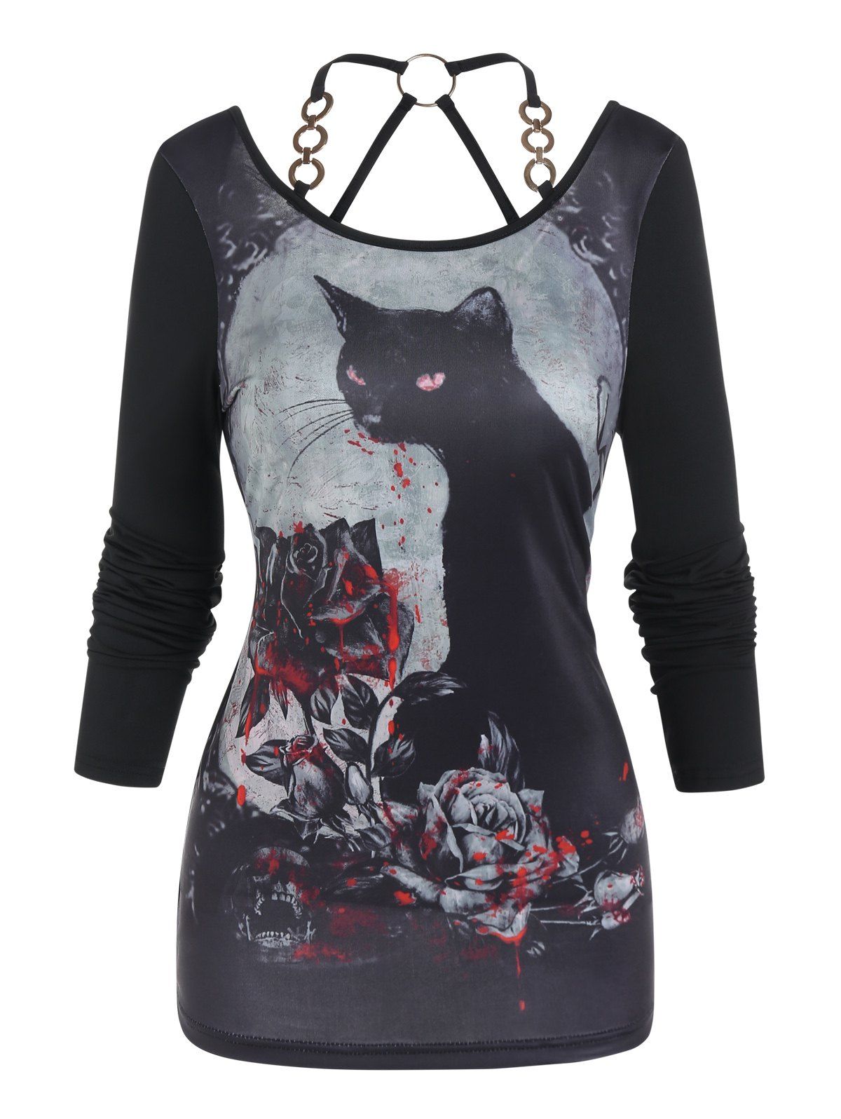T-shirt D'Halloween Décontracté Gothique Découpé à Imprimé Rose Sang à Manches Longues - Noir L