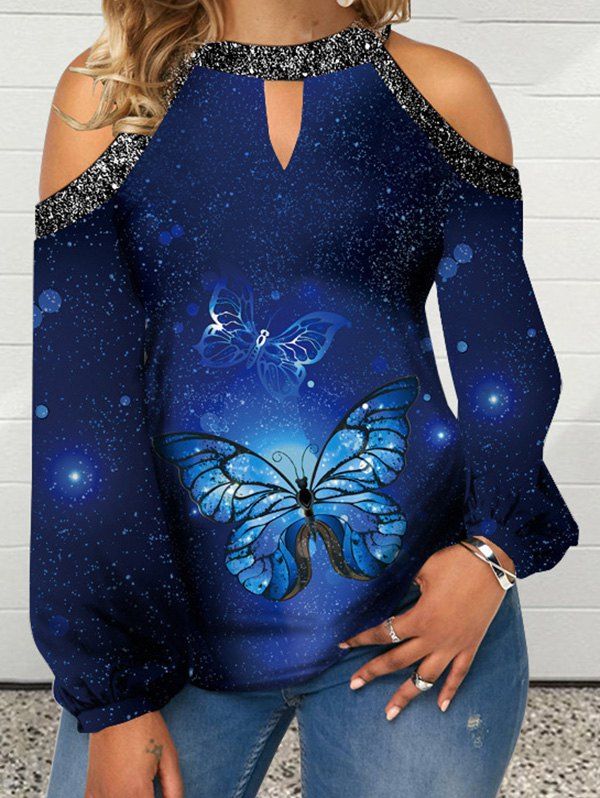 T-shirt Décontracté à Imprimé Papillon Galaxie à Epaule Dénudée à Manches Longues - Bleu XXL