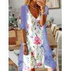 Leaf Floral Print A Line Midi Tank Dress And Chiffon Solid Color Top Casual Two Piece Set - BLUE XXL