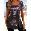 Ethnic T Shirt Flower Printed Slit Mock Button Square Neck Casual Tee - BLACK 3XL