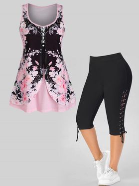 Plus Size Flower Print Overlap Mock Button Tank Top And Lace Up Eyelet Capri Leggings Outfit