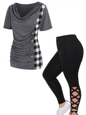 Plus Size Heather Plaid Print Insert Mock Button Draped T Shirt And Lace Up Leggings Outfit
