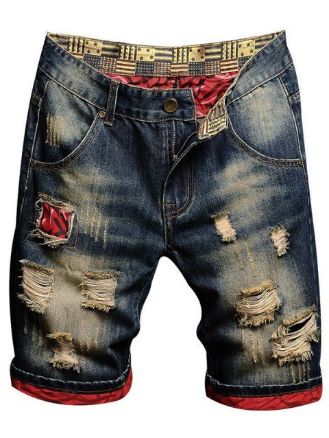 Casual Distressed Demin Shorts American Flag Print Ripped Zipper Fly Pockets Summer Shorts