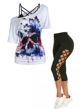Crisscross Cami Top and American Flag Butterfly Skull Print T Shirt Two Piece Top And Capri Pants Gothic Outfit