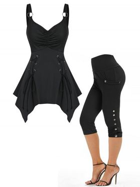 Lace Up Ruched Handkerchief Tank Top And Mock Button Pockets Capri Pants Gothic Outfit