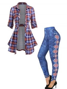 Plaid Print Long Sleeve Button Up Shirt And Tribal Geometric Embroidery Denim 3D Print Jeggings Casual Outfit