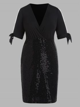 Plus Size Dress Sequined Dress Lace Insert Slit Sleeve Tied High Waisted Surplice Shift Midi Dress