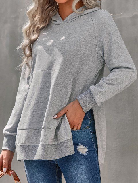 Heather Sweatshirt Hooded Sweatshirt Pockets Slit Long Sleeve Hoodie