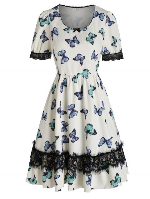Colored Butterfly Print Dress Lace Insert Bowknot High Waisted Dress A Line Midi Dress