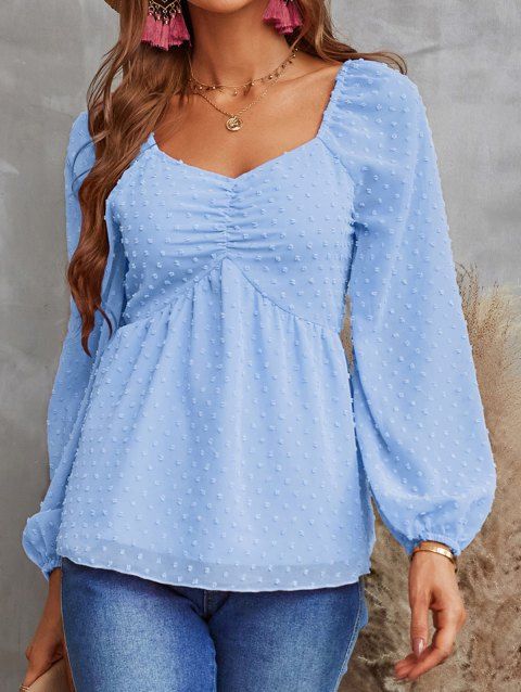 Chiffon Blouse Solid Color Swiss Dot Blouse Empire Waist Casual Shirt