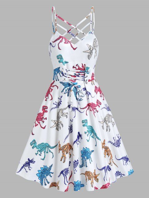Midi Dress Dinosaur Print Dress Crisscross Lace Up Empire Waisted Casual A Line Dress